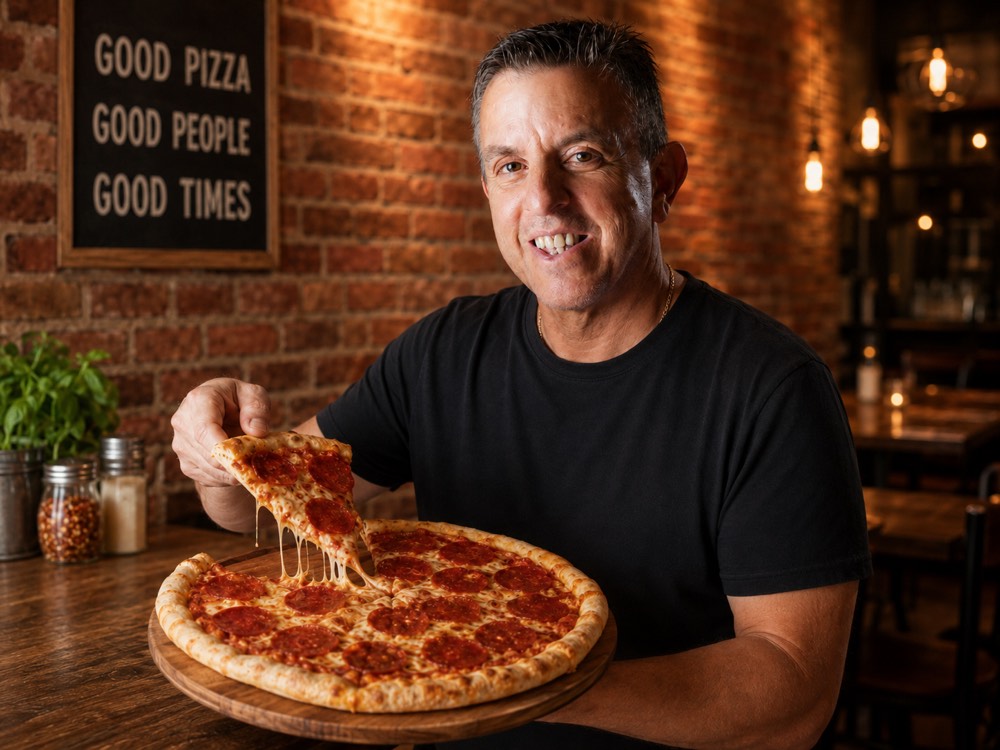 Anthony Milo pulling a slice from a whole pepperoni pizza in the shop, under a sign reading Good Pizza Good People Good Times